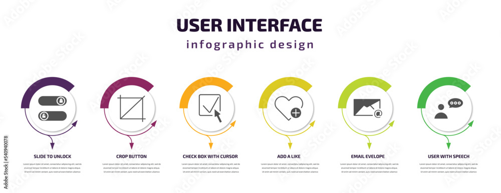 Fototapeta premium user interface infographic template with icons and 6 step or option. user interface icons such as slide to unlock, crop button, check box with cursor, add a like, email evelope, user with speech
