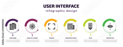 user interface infographic template with icons and 6 step or option. user interface icons such as paper work, image of a flower, corners, newspaper folded, to do, perspectives vector. can be used