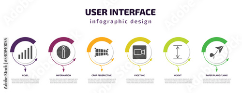 user interface infographic template with icons and 6 step or option. user interface icons such as level, information, crop perspective, facetime, height, paper plane flying vector. can be used for