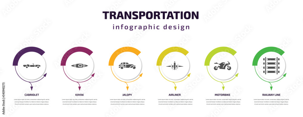 transportation infographic template with icons and 6 step or option. transportation icons such as cabriolet, kayak, jalopy, airliner, motorbike, railway line vector. can be used for banner, info