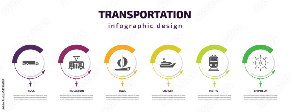 transportation infographic template with icons and 6 step or option. transportation icons such as truck, trolleybus, yawl, cruiser, metro, ship helm vector. can be used for banner, info graph, web, transportation infographic template with icons and 6 step or option. transportation icons such as truck, trolleybus, yawl, cruiser, metro, ship helm vector. can be used for banner, info graph, web,