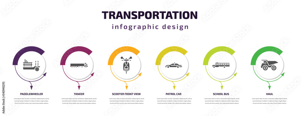 transportation infographic template with icons and 6 step or option. transportation icons such as paddlewheeler, tanker, scooter front view, patrol car, school bus, haul vector. can be used for