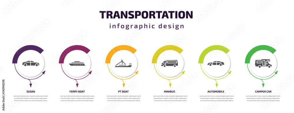 transportation infographic template with icons and 6 step or option. transportation icons such as sedan, ferry boat, pt boat, minibus, automobile, camper car vector. can be used for banner, info