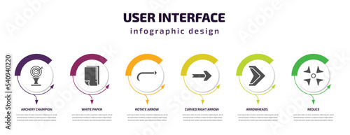 user interface infographic template with icons and 6 step or option. user interface icons such as archery champion  white paper  rotate arrow  curved right arrow  arrowheads  reduce vector. can be