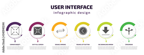 user interface infographic template with icons and 6 step or option. user interface icons such as corner widget, exit full screen arrows, double arrows, round left button, big download arrow,