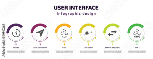 user interface infographic template with icons and 6 step or option. user interface icons such as repaying, navigation arrow, 41 alu, loop arrow, opposite directions, hdpe 2 vector. can be used for