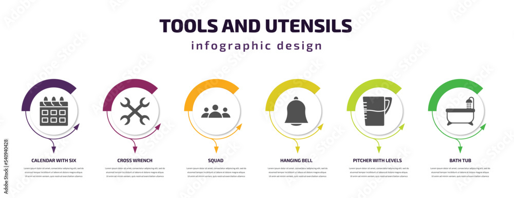 tools and utensils infographic template with icons and 6 step or option. tools and utensils icons such as calendar with six days, cross wrench, squad, hanging bell, pitcher with levels, bath tub