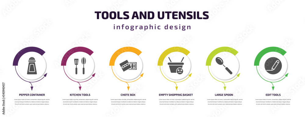 Fototapeta premium tools and utensils infographic template with icons and 6 step or option. tools and utensils icons such as pepper container, kitchen tools, chote box, empty shopping basket, large spoon, edit vector.