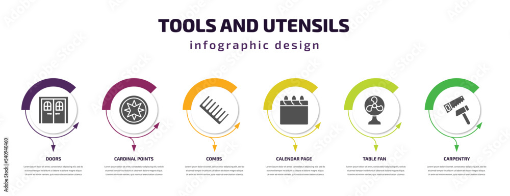 tools and utensils infographic template with icons and 6 step or option. tools and utensils icons such as doors, cardinal points, combs, calendar page, table fan, carpentry vector. can be used for