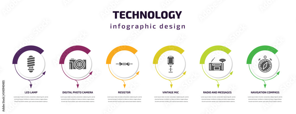 technology infographic template with icons and 6 step or option. technology icons such as led lamp, digital photo camera, resistor, vintage mic, radio and messages, navigation compass vector. can be