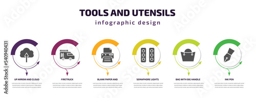 tools and utensils infographic template with icons and 6 step or option. tools and utensils icons such as up arrow cloud, firetruck, blank paper printer, semaphore lights, bag with big handle, ink