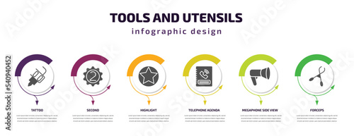 tools and utensils infographic template with icons and 6 step or option. tools and utensils icons such as tattoo, second, highlight, telephone agenda, megaphone side view, forceps vector. can be