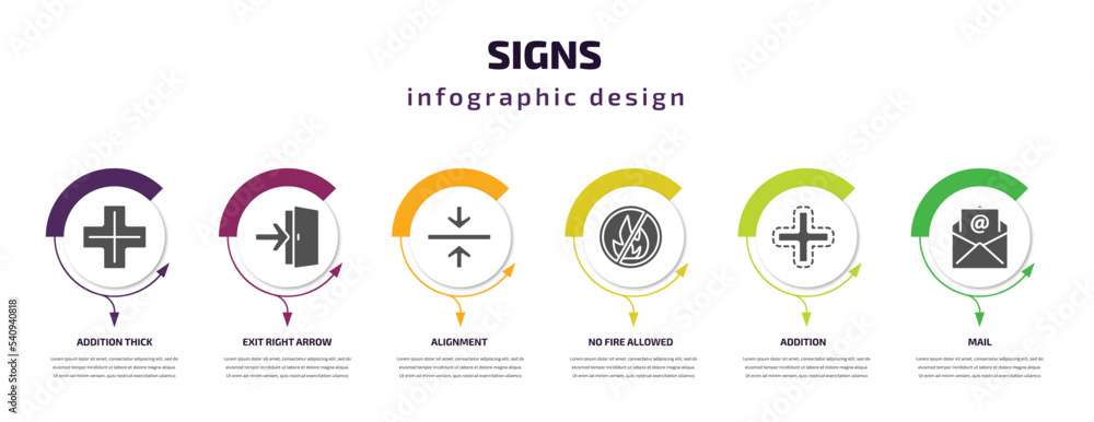 signs infographic template with icons and 6 step or option. signs icons such as addition thick, exit right arrow, alignment, no fire allowed, addition, mail vector. can be used for banner, info signs infographic template with icons and 6 step or option. signs icons such as addition thick, exit right arrow, alignment, no fire allowed, addition, mail vector. can be used for banner, info