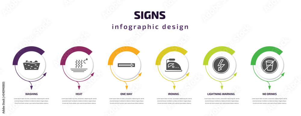 signs infographic template with icons and 6 step or option. signs icons such as washing, heat, one way, ironing, lightning warning, no drinks vector. can be used for banner, info graph, web,