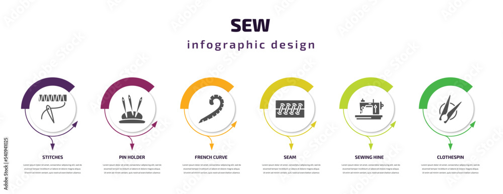 sew infographic template with icons and 6 step or option. sew icons such as stitches, pin holder, french curve, seam, sewing hine, clothespin vector. can be used for banner, info graph, web,