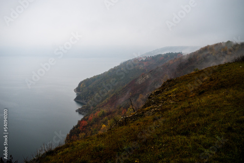 Foggy river with cliff landscape