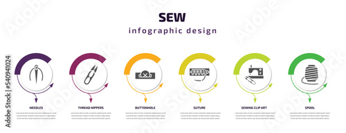 sew infographic template with icons and 6 step or option. sew icons such as needles, thread nippers, buttonhole, suture, sewing clip art, spool vector. can be used for banner, info graph, web,