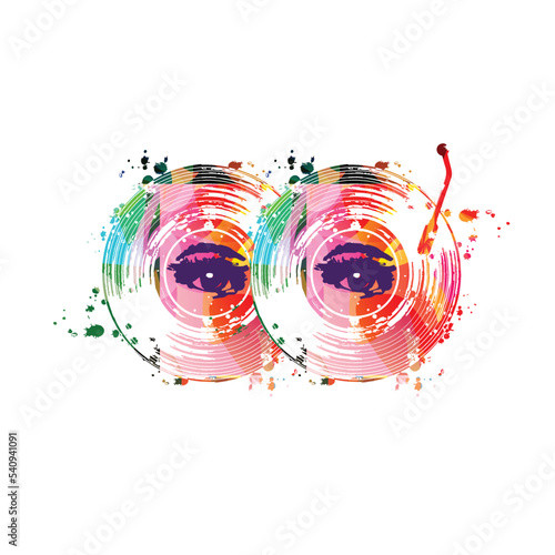 Mysterious retro poster with woman's eyes on vinyl records in intense colors on white background. Vector illustration