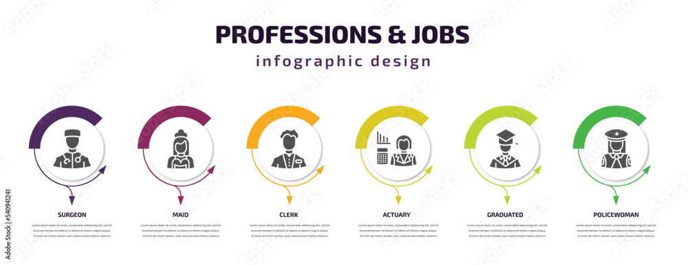 professions & jobs infographic template with icons and 6 step or option. professions & jobs icons such as surgeon, maid, clerk, actuary, graduated, policewoman vector. can be used for banner, info