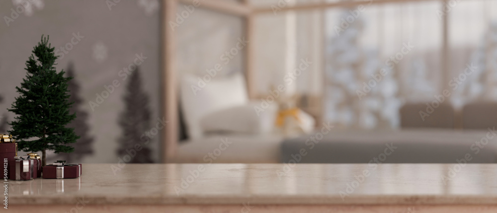 Tabletop with gift boxes, Christmas tree and copy space over blurred bedroom background Tabletop with gift boxes, Christmas tree and copy space over blurred bedroom background