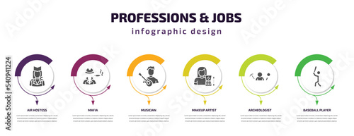 professions & jobs infographic template with icons and 6 step or option. professions & jobs icons such as air hostess, mafia, musician, makeup artist, archeologist, baseball player vector. can be