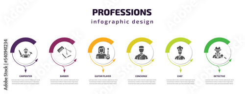 professions infographic template with icons and 6 step or option. professions icons such as carpenter, barber, guitar player, concierge, chef, detective vector. can be used for banner, info graph,