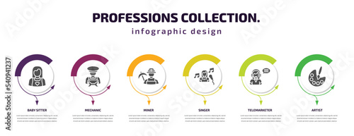 professions collection. infographic template with icons and 6 step or option. professions collection. icons such as baby sitter, mechanic, miner, singer, telemarketer, artist vector. can be used for
