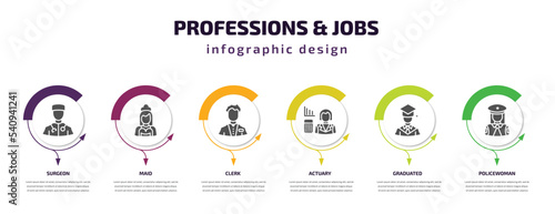 professions & jobs infographic template with icons and 6 step or option. professions & jobs icons such as surgeon, maid, clerk, actuary, graduated, policewoman vector. can be used for banner, info