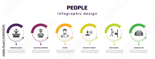 people infographic template with icons and 6 step or option. people icons such as worker success, architech working, patien, man with target, man shaving, business suit vector. can be used for