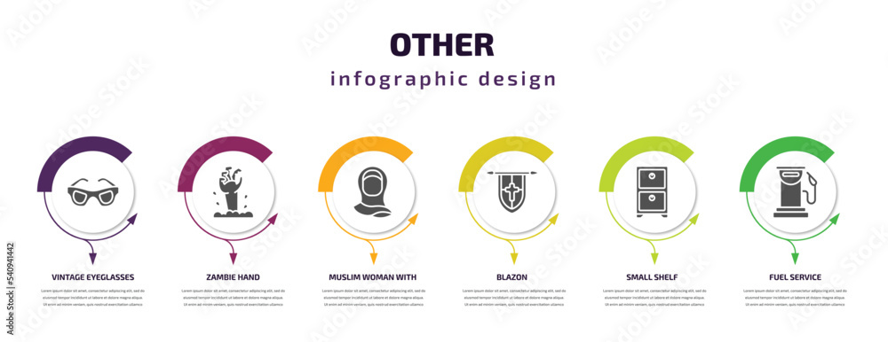 other infographic template with icons and 6 step or option. other icons such as vintage eyeglasses, zambie hand, muslim woman with hijab, blazon, small shelf, fuel service vector. can be used for