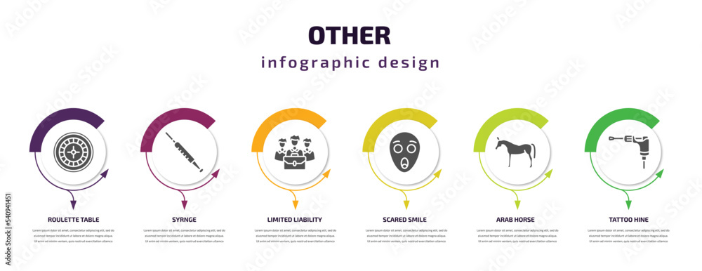 other infographic template with icons and 6 step or option. other icons such as roulette table, syrnge, limited liability, scared smile, arab horse, tattoo hine vector. can be used for banner, info