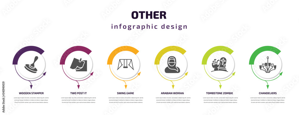 Fototapeta premium other infographic template with icons and 6 step or option. other icons such as wooden stamper, two post it, swing game, arabian woman, tombstone zombie hand, chandeliers vector. can be used for