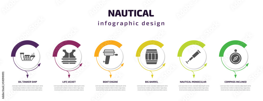 nautical infographic template with icons and 6 step or option. nautical icons such as oil tanker ship, life jacket, boat engine, big barrel, nautical monocular, compass inclined vector. can be used
