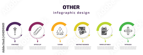 other infographic template with icons and 6 step or option. other icons such as star prize, office clip, 7 other, abstract business card, paper list and a pencil, interlock vector. can be used for