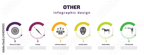 other infographic template with icons and 6 step or option. other icons such as roulette table, syrnge, limited liability, scared smile, arab horse, tattoo hine vector. can be used for banner, info