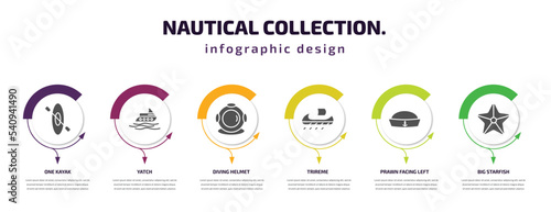 nautical collection. infographic template with icons and 6 step or option. nautical collection. icons such as one kayak, yatch, diving helmet, trireme, prawn facing left, big starfish vector. can be