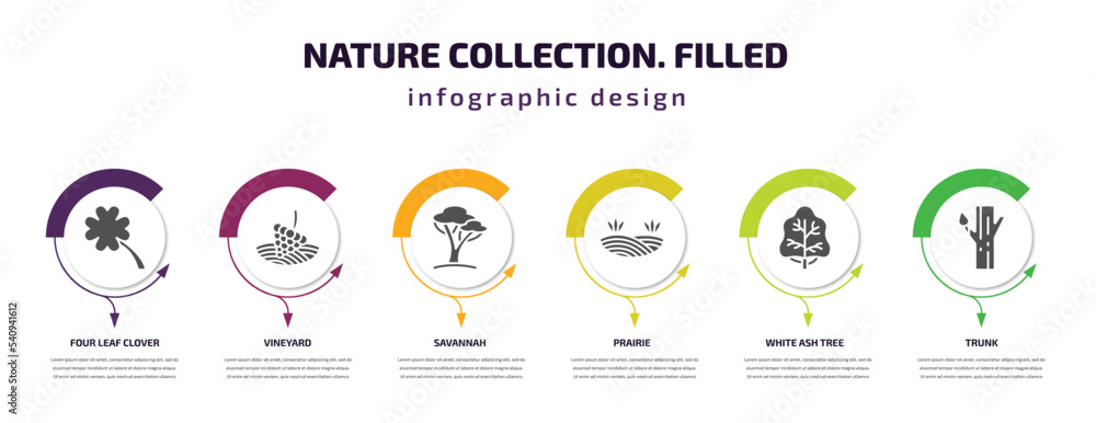 nature collection. filled infographic template with icons and 6 step or option. nature collection. filled icons such as four leaf clover, vineyard, savannah, prairie, white ash tree, trunk vector.