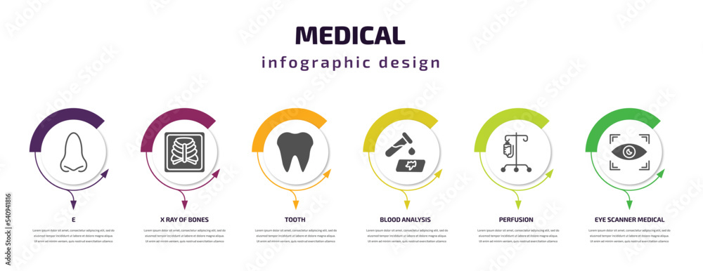 medical infographic template with icons and 6 step or option. medical icons such as e, x ray of bones, tooth, blood analysis, perfusion, eye scanner medical vector. can be used for banner, info medical infographic template with icons and 6 step or option. medical icons such as e, x ray of bones, tooth, blood analysis, perfusion, eye scanner medical vector. can be used for banner, info