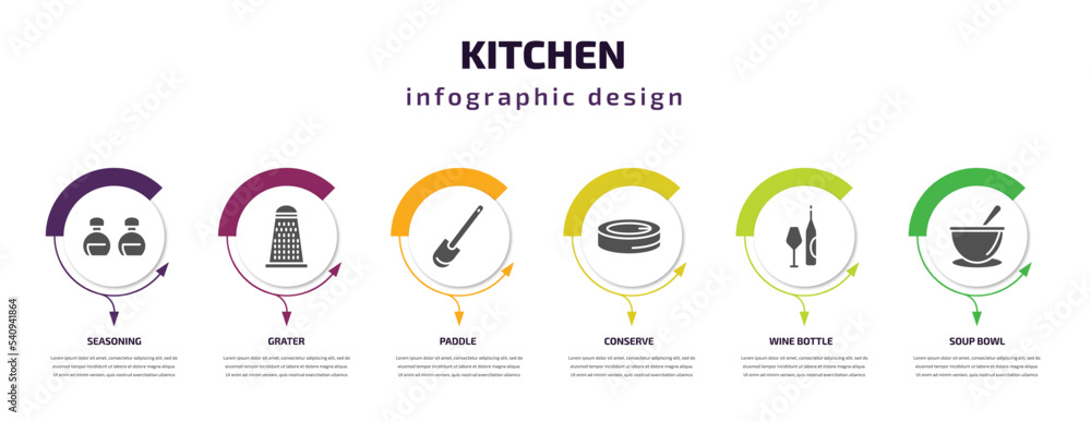 kitchen infographic template with icons and 6 step or option. kitchen icons such as seasoning, grater, paddle, conserve, wine bottle, soup bowl vector. can be used for banner, info graph, web, kitchen infographic template with icons and 6 step or option. kitchen icons such as seasoning, grater, paddle, conserve, wine bottle, soup bowl vector. can be used for banner, info graph, web,