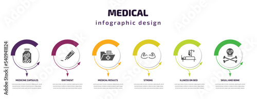 medical infographic template with icons and 6 step or option. medical icons such as medicine capsules, ointment, medical results folders, strong, illness on bed, skull and bone vector. can be used