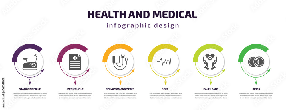 health and medical infographic template with icons and 6 step or option. health and medical icons such as stationary bike, medical file, sphygmomanometer, beat, health care, rings vector. can be