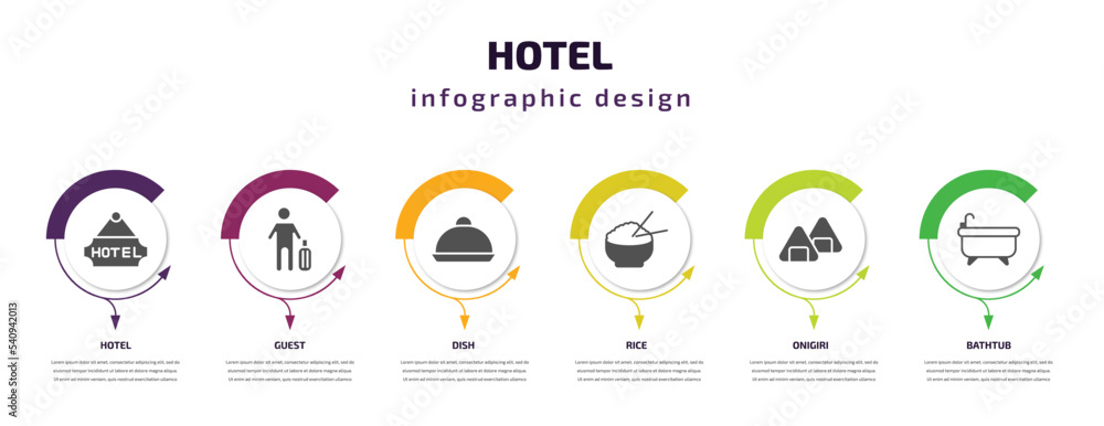 hotel infographic template with icons and 6 step or option. hotel icons such as hotel, guest, dish, rice, onigiri, bathtub vector. can be used for banner, info graph, web, presentations.