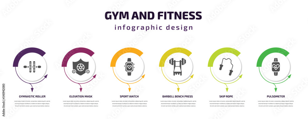 gym and fitness infographic template with icons and 6 step or option. gym and fitness icons such as gymnastic roller, elevation mask, sport watch, barbell bench press, skip rope, pulsometer vector. gym and fitness infographic template with icons and 6 step or option. gym and fitness icons such as gymnastic roller, elevation mask, sport watch, barbell bench press, skip rope, pulsometer vector.