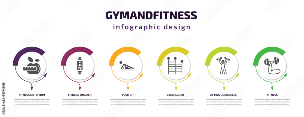 gymandfitness infographic template with icons and 6 step or option. gymandfitness icons such as fitness nutrition, fitness tracker, push up, gym ladder, lifting dumbbells, fitness vector. can be