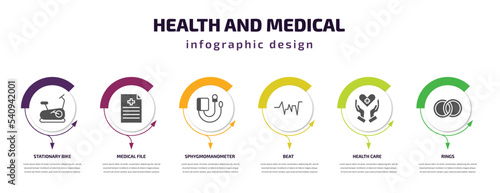 health and medical infographic template with icons and 6 step or option. health and medical icons such as stationary bike, medical file, sphygmomanometer, beat, health care, rings vector. can be