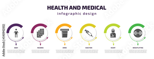 health and medical infographic template with icons and 6 step or option. health and medical icons such as body, records, urine, injection, injury, weightlifting vector. can be used for banner, info