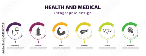 health and medical infographic template with icons and 6 step or option. health and medical icons such as tonometer, condom, biceps, pancreas, uterus, neurology vector. can be used for banner, info