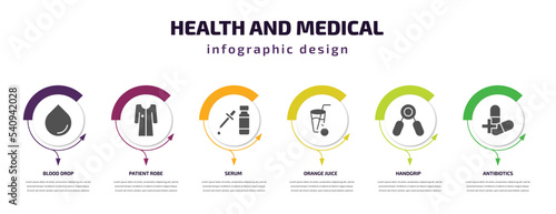 health and medical infographic template with icons and 6 step or option. health and medical icons such as blood drop, patient robe, serum, orange juice, handgrip, antibiotics vector. can be used for