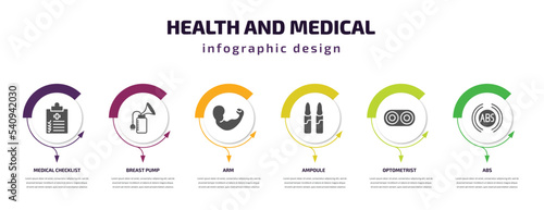 health and medical infographic template with icons and 6 step or option. health and medical icons such as medical checklist, breast pump, arm, ampoule, optometrist, abs vector. can be used for