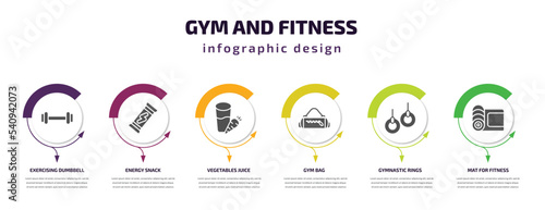 gym and fitness infographic template with icons and 6 step or option. gym and fitness icons such as exercising dumbbell, energy snack, vegetables juice, gym bag, gymnastic rings, mat for fitness